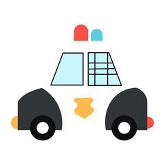 Flat vector icon of a stylized police patrol car with emergency siren lights and gold badge © Nd Studio 