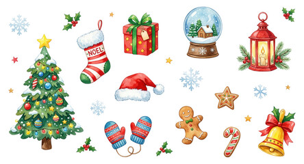 Fototapeta premium Watercolor Christmas icon set with features a decorated tree, gifts, ornaments, stocking, lantern, and treats isolated on transparent background for packaging, label, sticker and book design.