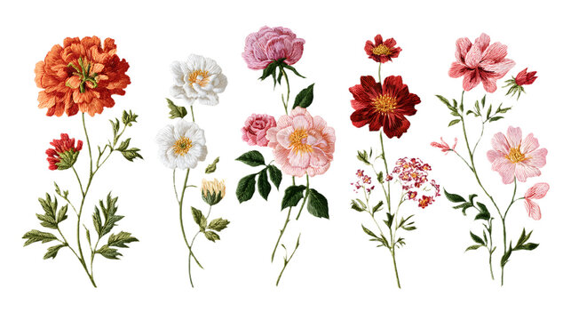 Set of embroidered vintage flowers isolated on white isolated on transparent background