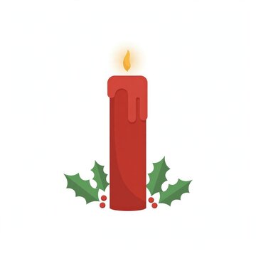 Red Christmas candle with burning flame and holly leaves vector illustration isolated on white background