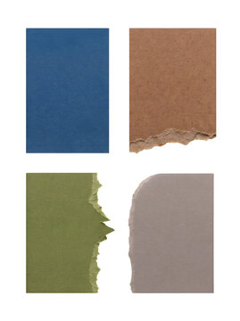 Four torn paper rectangles in blue brown green and gray on transparent background