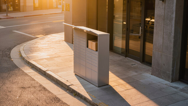 A slim parcel locker with a raised lid holds a single box, standing on a paved corner beside a glazed frontage in warm morning light.