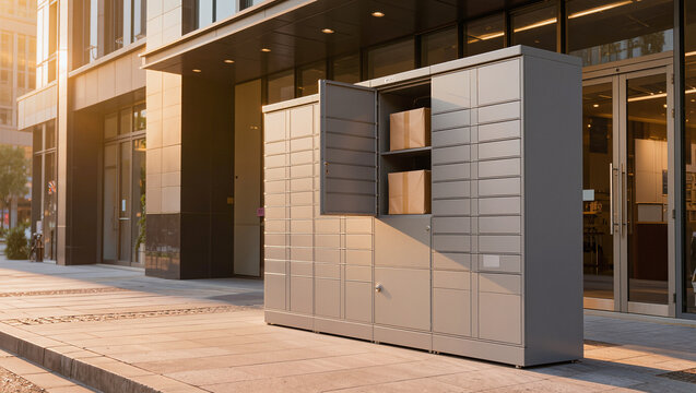 A wide parcel locker bank stands under a building overhang with one door open and cartons on the shelves, warm sun washing the paving.