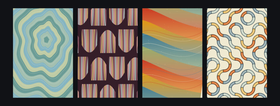 Set of four abstract geometric patterns featuring retro wavy lines and mid-century modern shapes