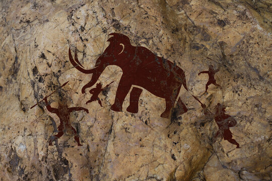 Vector illustration of rock paintings.Cartoon scenes of drawings of primitive people hunters with bows and arrows, spears in various poses hunting animals:bison, mammoths, deer, antelopes.Paleolithic.