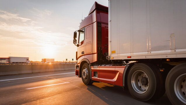 A red cab and white trailer are seen from the side on a sunlit motorway, the barrier and distant traffic streaking past in motion blur.