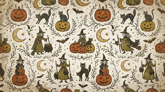Vintage halloween pattern with jack o lanterns black cats and spooky witch silhouettes