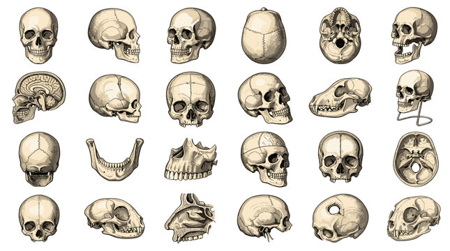 Collection of various human skulls and bones arranged for anatomical study