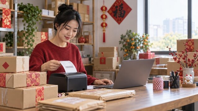 Celebrating Lunar New Year: An Asian Small Business Owner Manages Orders and Shipping in a Festively Decorated Workspace