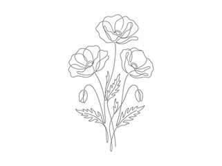 Obraz premium Continuous line drawing of a bouquet of three poppy flowers with leaves and buds, minimalist botanical illustration, elegant floral design, handdrawn sketch style
