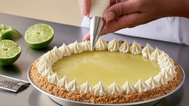 Hands piping whipped cream border onto lime pie, pastry finishing and dessert decoration with fresh limes on stainless steel counter