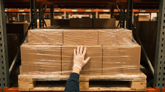 A gloved hand reaches out to check a wrapped pallet of cartons resting on a low racking level, warm light glowing across the film.