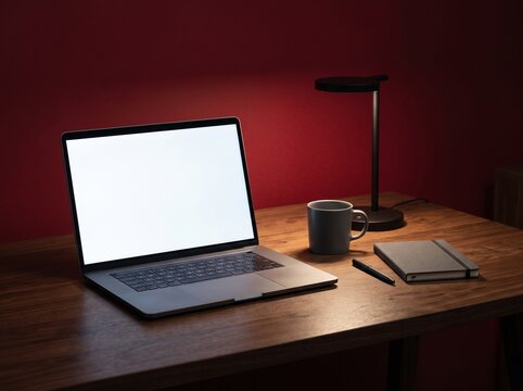 Minimalist workspace with blank screen laptop, modern lamp, mug, notebook on wooden desk. Red wall background creates focused environment for productive remote work