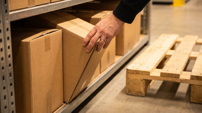 A hand pulls a cardboard box out from a low metal shelf beside empty wooden pallets stacked on the warehouse floor in the soft light.