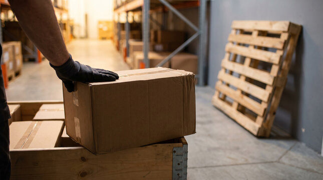 A gloved hand rests on top of a carton stacked on a low pallet in a warehouse aisle, empty pallets leaning against the wall beyond.