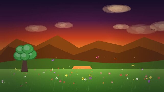 Animated Sunset Landscape with Butterflies and Meadow Flowers