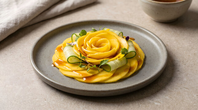 A gourmet plating of javanese mango dishes styled like a flower with cucumber ribbons and caramel sauce