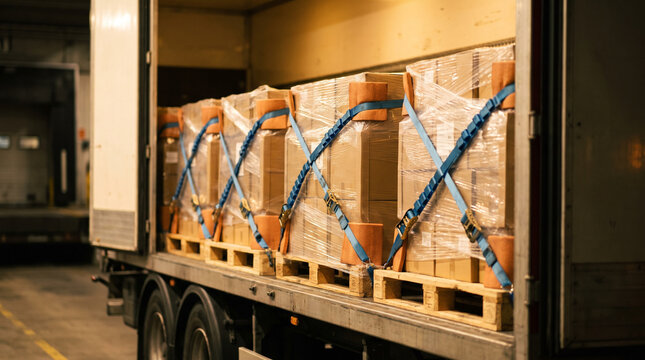 Wrapped pallets of cartons are secured with blue crossing straps along the side of a truck body, the curtain drawn back at the dock.
