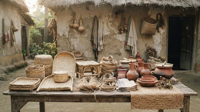 Handicraft artisan displaying traditional pottery and woven textiles in rustic workshop setting with natural daylight