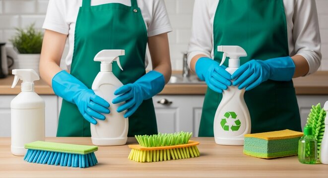 Two professional cleaners in green aprons and blue gloves holding spray bottles and cleaning brushes.