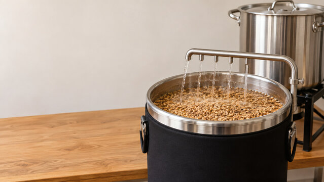 Batch sparging a mash tun with hot water for all grain brewing