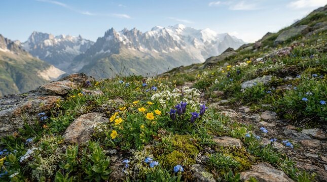 Wild alpine meadow featuring diverse wildflowers in pristine mountain landscape under bright daylight