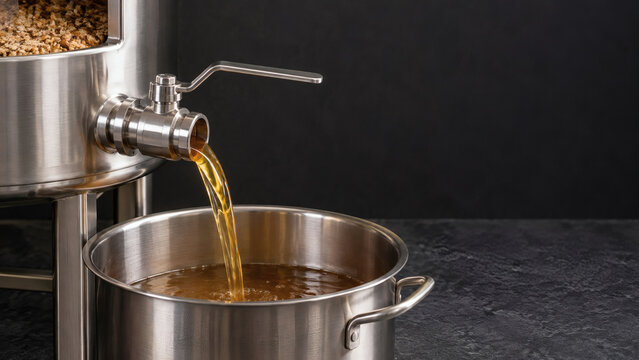 Amber wort draining from a mash tun into a brewing pot