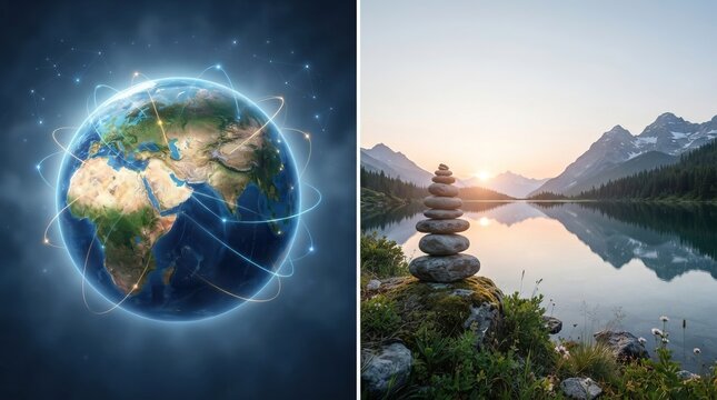 Global connectivity network visualization paired with serene mountain lake and stone monument at sunrise