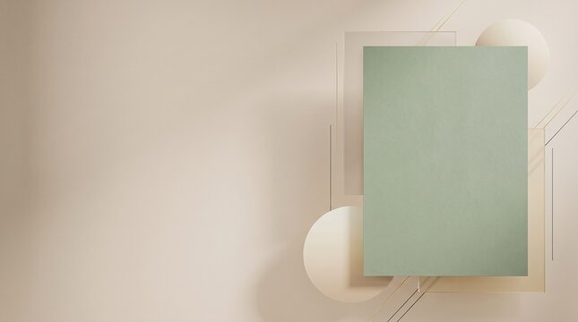 Craft paper texture with modern bauhaus geometric abstract art shapes in green and terracotta. Minimal poster design for branding, gallery, interior decor and contemporary presentation.