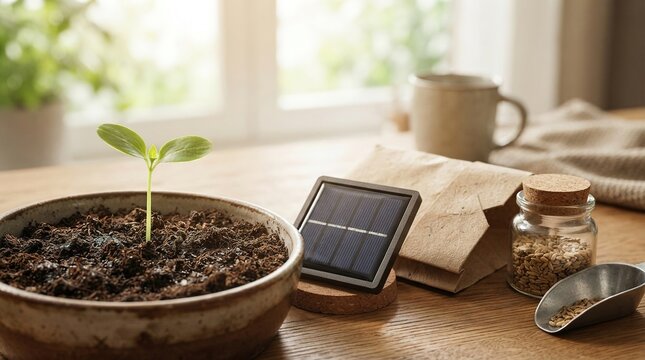 Small potted plant growing near solar panel and notebook on wooden desk in bright indoor workspace