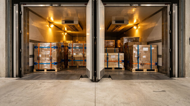 Twin trailer bays loaded with strapped and wrapped pallets are seen from the dock floor, warm ceiling lights glowing inside each body.