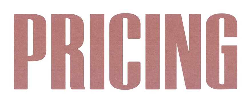 PRICING word with terracotta colored fabric texture on white background.