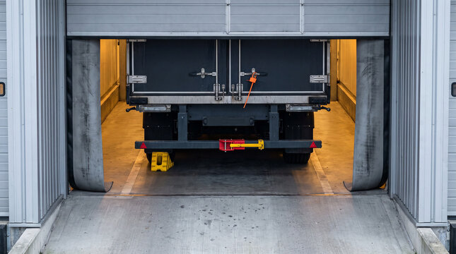 The rear of a trailer sits square in a dock opening with a yellow wheel chock and a red restraint hook holding it against the bumpers.