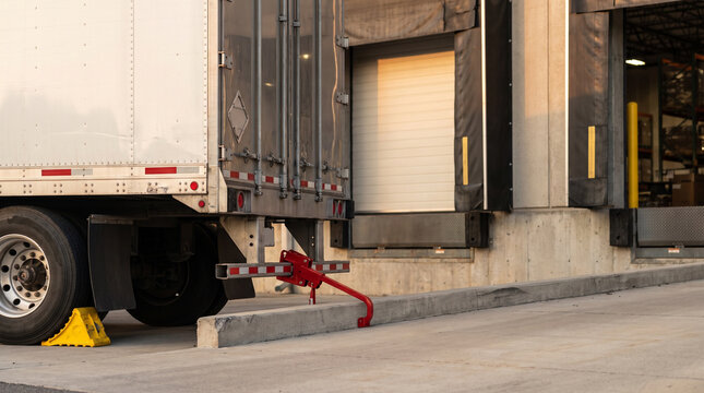 A red restraint hook reaches under a white trailer and a yellow wheel chock sits against the tyre at a row of closed loading docks.