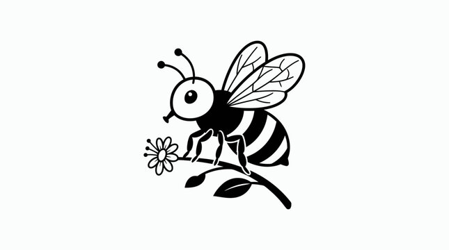Cute cartoon bee sitting on a flower branch line art illustration.