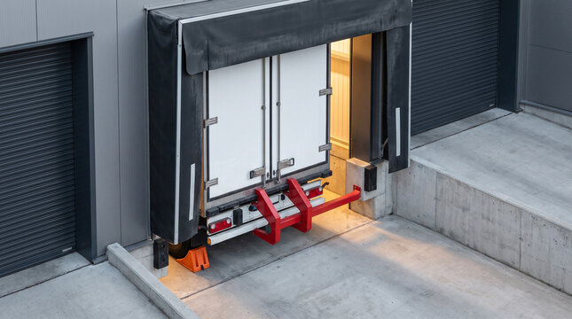 A red restraint arm and an orange wheel chock hold a trailer square inside a dock shelter, the closed doors glowing in the pale light.