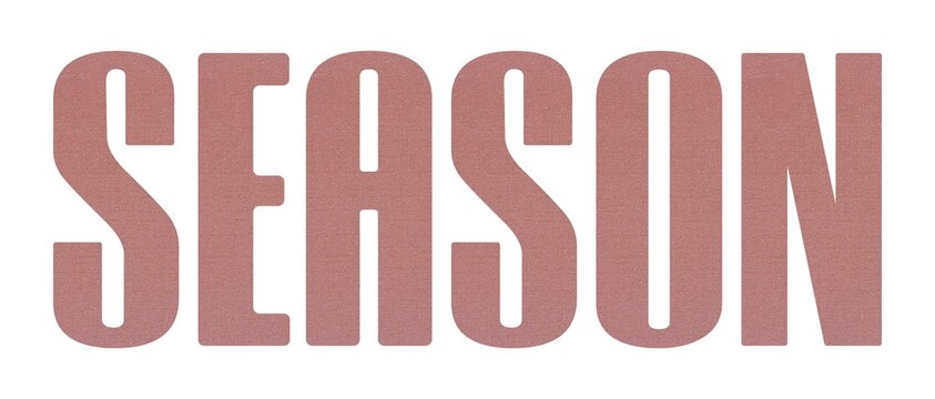 SEASON word with terracotta colored fabric texture on white background.