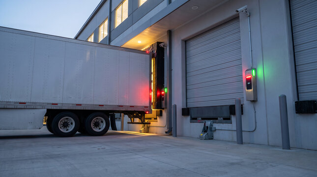 A trailer stands backed into a dock with green and red status lamps glowing beside the doorway and a control panel on the wall nearby.