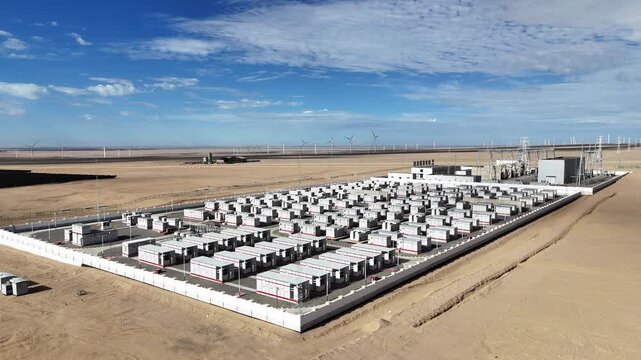 rows of battery storage containers in desert landscape