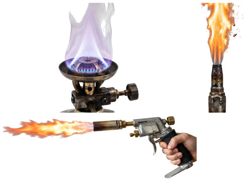 A collection of handheld and camping torch flame jets with vivid heat and ignition effects.