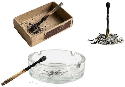 A collection of spent matches, ash, and a glass ashtray in a realistic documentary style.