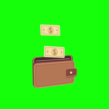 A simple illustration of a brown wallet with cash going into it on a green background