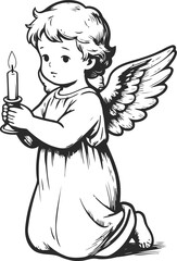 Fototapeta premium Kneeling angel holding lit candle cute winged child with peaceful expression, spiritual and holy illustration
