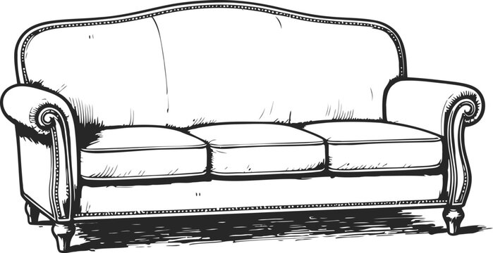 Classic three seater sofa with rolled arms and detailed upholstery design, vintage furniture illustration