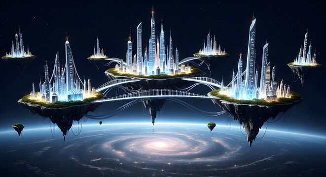Blue glass futuristic city islands with bridges isolated with real transparent background for design