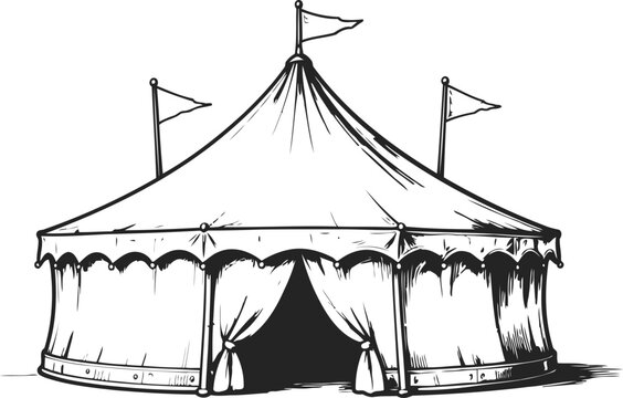 Medieval circus tent with flags, vintage carnival marquee illustration in black and white