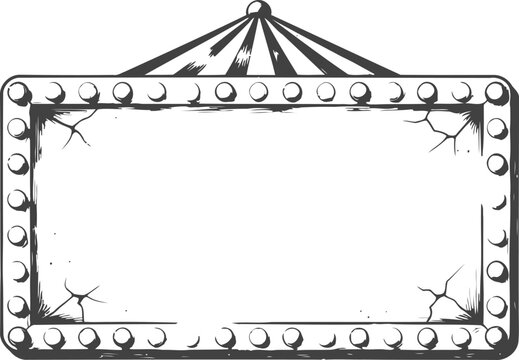Retro vintage marquee sign blank old fashioned theater light bulb frame with cracks and hanging chain