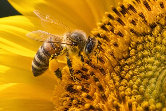Honey bee collecting pollen on sunflower flower head