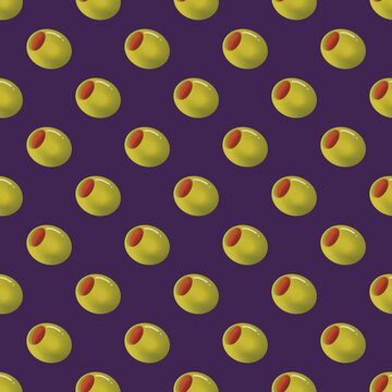 Seamless pattern with green stuffed olives on purple background for food packaging, menu design and wallpaper