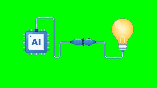 A detailed AI chip with a top port where the power cable attaches connects fully into a socket hiding its pins, lights up an idea bulb from inside only, then the plug is pulled out and the bulb darken